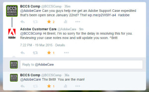 screenshot from twitter containing Adobe's response to my tweet and my response to thiers