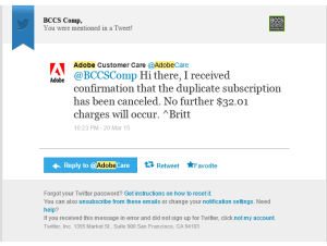screenshot of a tweet notifying @BCCSComp that the duplicate subscription has been canceled and no further incorrect charges will occur